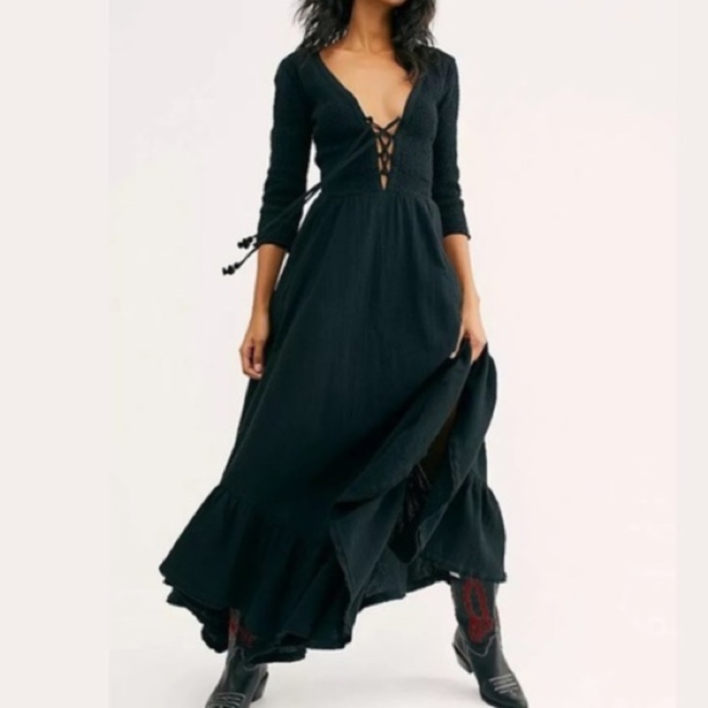 Free People Black Lace Up Maxi Dress XS
